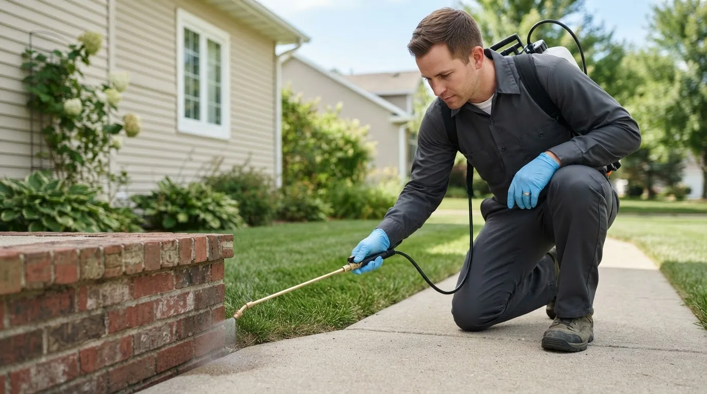 Pest control technician treating a home near Estherville, IA