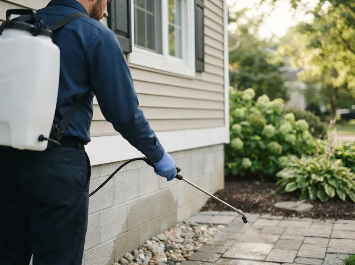 Pest control technician inspecting a home in Estherville, IA